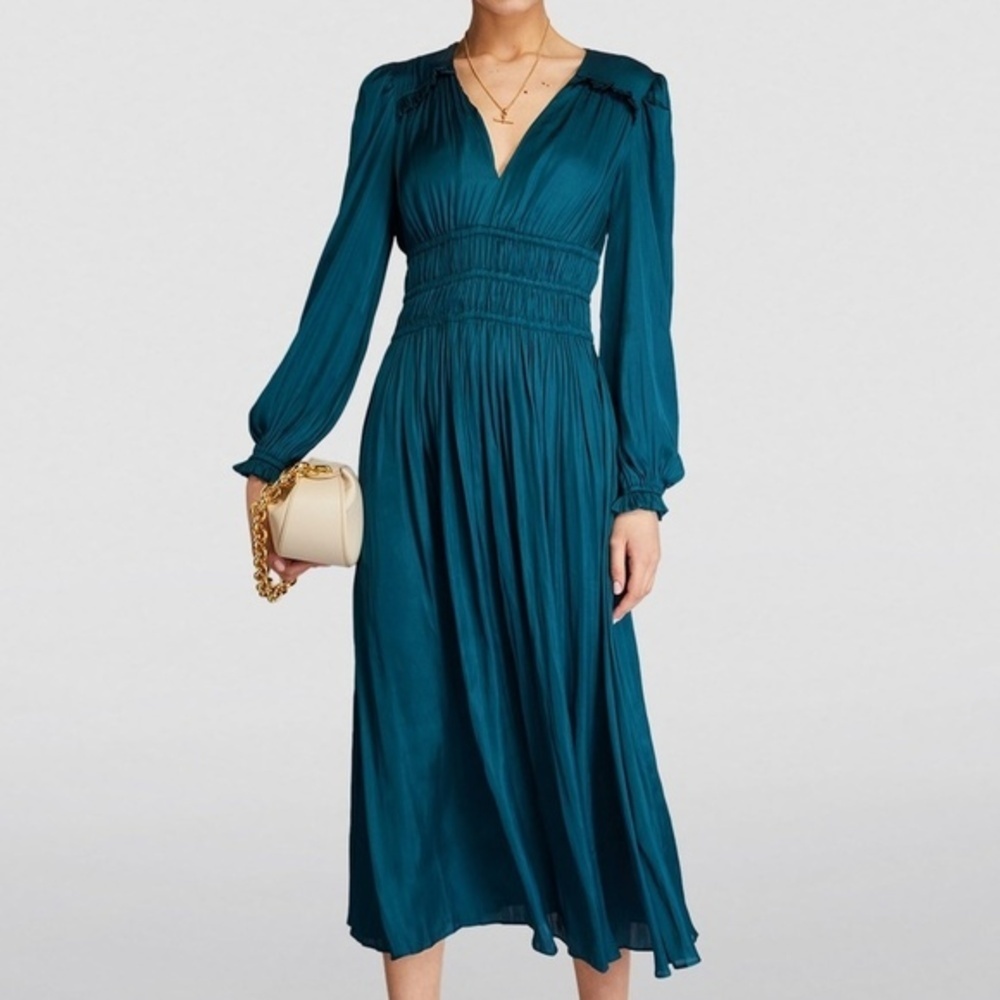 Maje. Riannette Smocked Midi‎ Dress.
